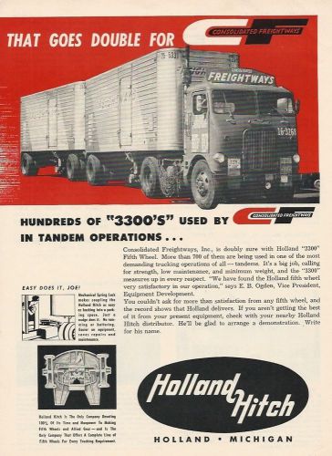 1957 Consolildated Freightways Inc,White Freightliner w/doubles,Holland Hitch ad