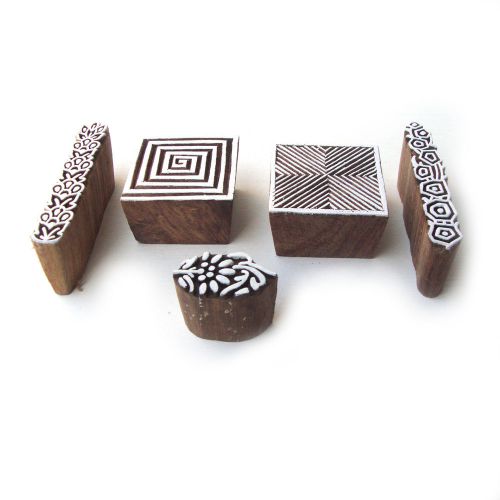 Hand Carved Floral and Geometric Designs Wooden Tag Blocks (Set of 5)