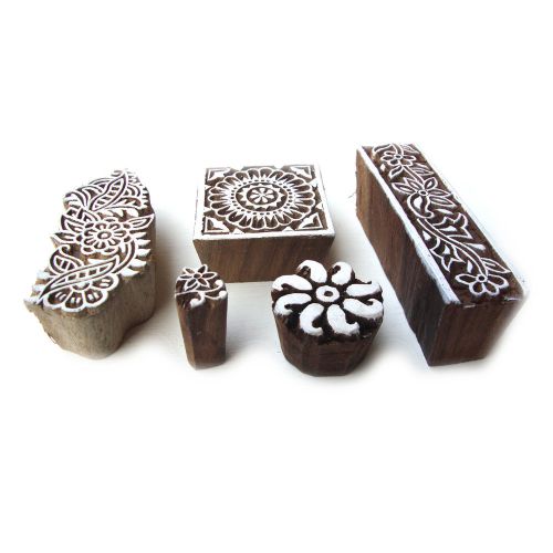 Assorted hand carved floral pattern wooden block printng tags (set of 5) for sale