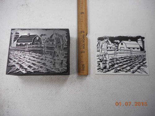 Letterpress Printing Printers Block, Farmer looks at Ruined Crop in Field