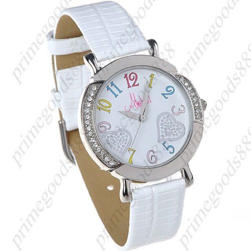 Heart Analog Synthetic Leather Wrist Lady Ladies Quartz Wristwatch Women&#039;s White