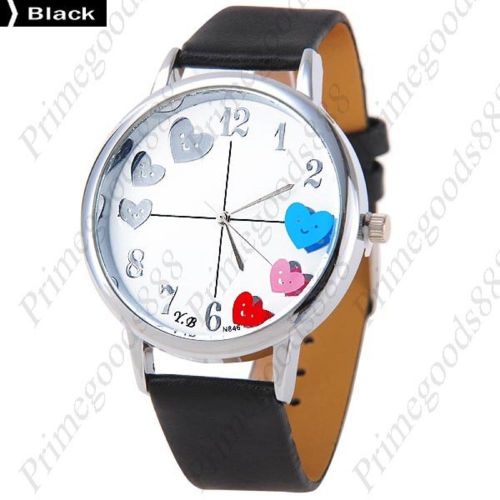 Smiling Heart PU Leather Round Analog Quartz Wrist Wristwatch Women&#039;s Black