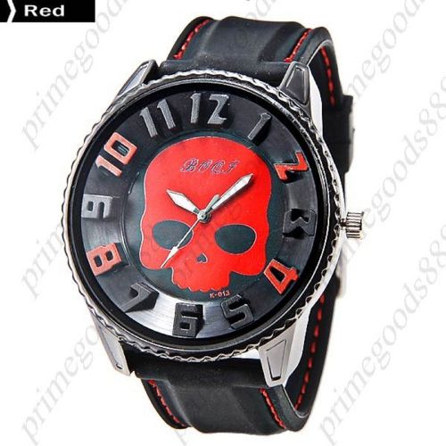 Wide half skull quartz black silica gel analog wrist men&#039;s wristwatch red for sale