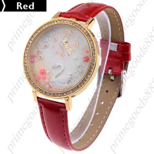 Swan Flower Flowers PU Leather Quartz Wrist Round Wristwatch Women&#039;s In Red