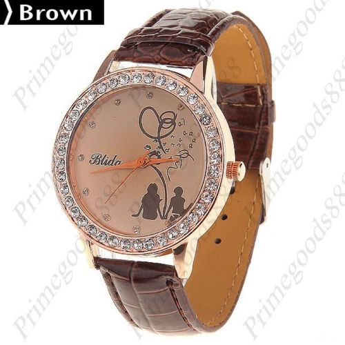 Round Synthetic Leather Rhinestones Quartz Wrist Wristwatch Women&#039;s Brown