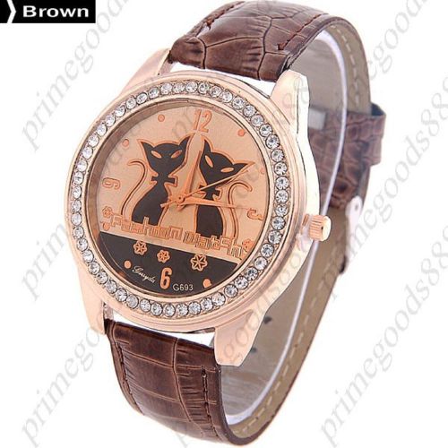 Cat cats rhinestones pu leather quartz lady ladies wristwatch women&#039;s brown for sale
