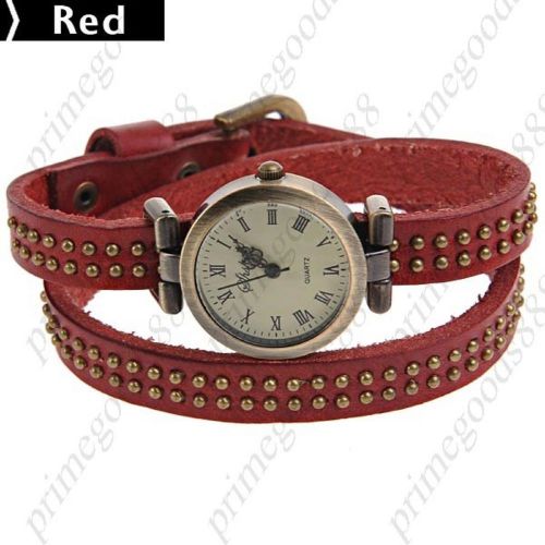 PU Leather Quartz Analog Wrist Bracelet Watch Bangle Wristlet with Rivet Red