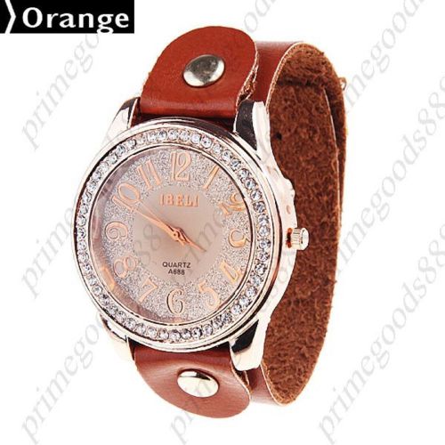 Round Rhinestones PU Leather Lady Ladies Wrist Quartz Wristwatch Women&#039;s Orange