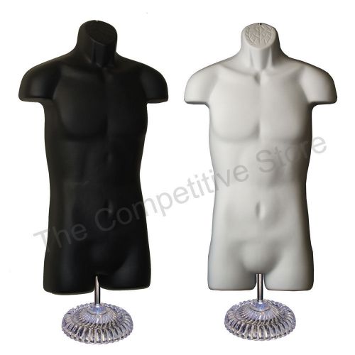 2 Male Mannequin Dress Forms With Economic Plastic Base Black + White For S-M