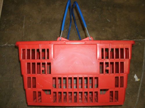 Set of 6 used shopping plastic baskets, cherry red, w/ metal handles and rubber for sale