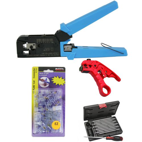 Platinum tools 100004c ez-rj45 crimper, cat5/5e crimp connectors, cutter, kit for sale