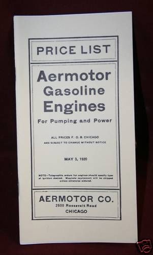 Aermotor Gas Engine Catalog Price Book Pumping Windmill Motor Manual Hit &amp; Miss