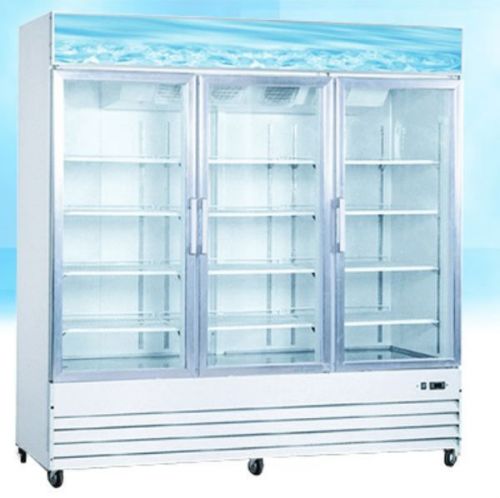 Omcan 3-door 52cf commercial glass display beer &amp; soda cooler refrigerator new! for sale