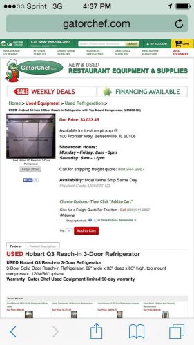 Hobart q3 commercial 3 door refrigerator for sale
