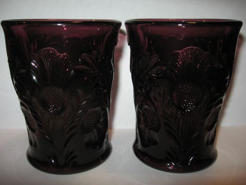 pair of Amethyst purple glass inverted thistle pattern tumblers cup goblet water