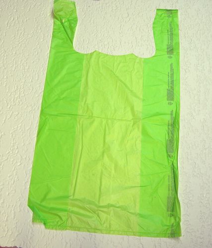 100 Qty. Lime Plastic T-Shirt Bags with Handles 11 1/2&#034; x 6&#034; x 21&#034; Medium