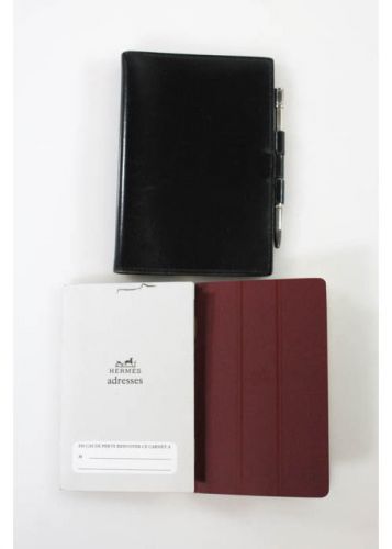 Set 3 auth hermes black leather case pen burgundy gray address books evac for sale