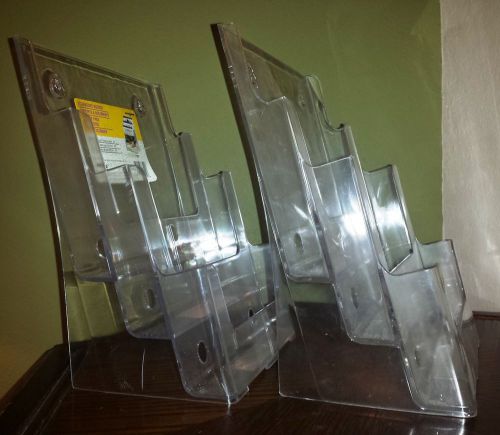 Lot of 2 clear acrylic 3-tier brochure holders for 9&#034;w literature, deflect-o for sale