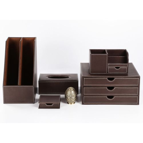 Brown Business 6pcs Desk Sets Storage Box Files Cabinet Stationery Tissue Holder