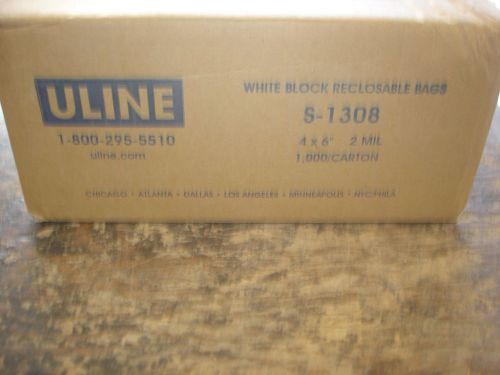 NIB ULINE WHITE BLOCK RECLOSABLE BAGS S-1308 4 X 6&#034; 2 MIL 1,000/CARTON