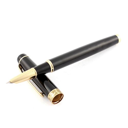 Office School Black Shell Fountain Pen Fine Hooded Nib Gold Tone Trim Clip Cap