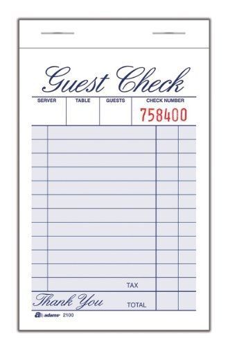 Adams Guest Check Pad, Single Part, White, 3-11/32&#034; x 4-15/16&#034;, 100 Sheets/Pad,