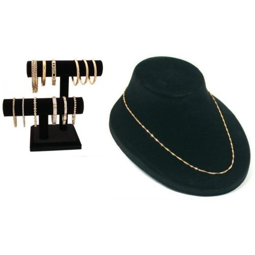 Two-Tier Black Velvet T-Bar &amp; Black Flocked Necklace Bust Display Kit 2 Pcs