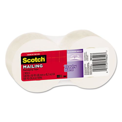 Scotch Tear-By-Hand Packaging Tape, 1.88&#034; X 50yds, 1 1/2&#034; Core, Clear, 2/pack