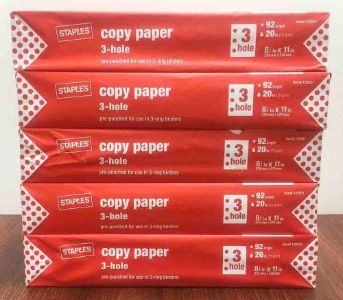 Staples 3 Hole Copy Letter Paper White 122531 500 Shts 20 lbs (Lot of 5)