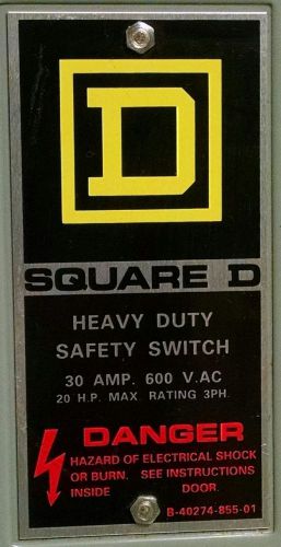 Square d 3 phase 600vac 30amp heavy duty safety switch 3 fuse 20 hp mpn: h361 for sale