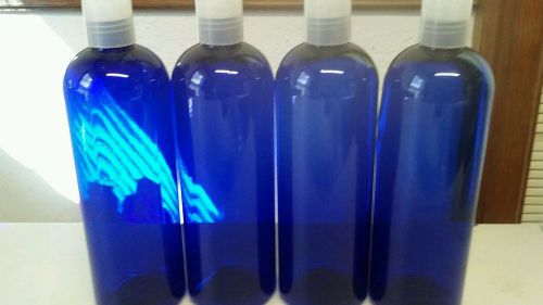 Lot (4)16 Oz Cosmo round cobalt blue Plastic bottles with disk top