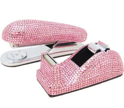 Pink crystal stapler &amp; tape dispenser desk accessory set with swarovski crystals for sale