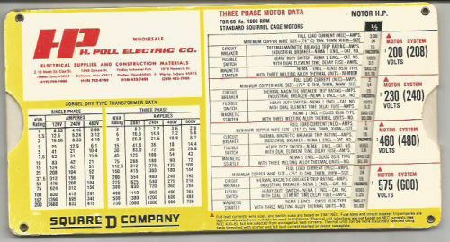 Square D Company  H Poll Co. Motor Data Sliding Calculator Based on 1987 NEC