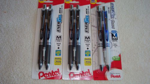 Pentel Energel Retractable Liquid Gel 5 Black, 1 Blue, Plus 3 Refills NEW