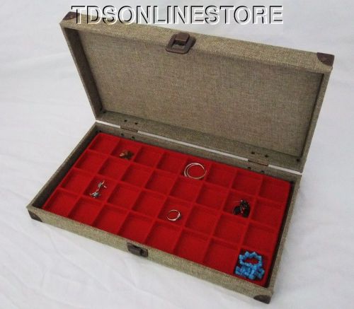 Burlap Covered Traveling Storage Case 32 Slot For Jewelry Etc. Red