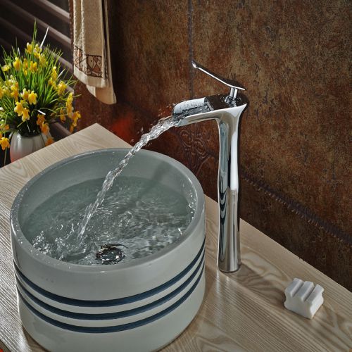 Tall Bathroom Sink Faucet Chrome Finish Waterfall Basin Mixer Tap Vessel Faucet