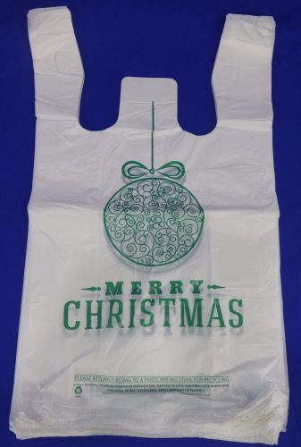 Merry christmas green ball holiday plastic t-shirt shopping bags 11.25x6x21&#034; for sale