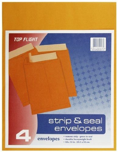 Top Flight Strip and Seal Open-End Envelopes, 10 x 13 Inches, Brown Kraft, 4