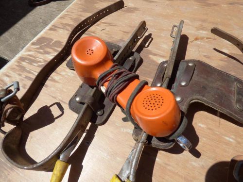 Vintage orange bell lineman butt test set + 2 sets utility pole climbing gaffs for sale