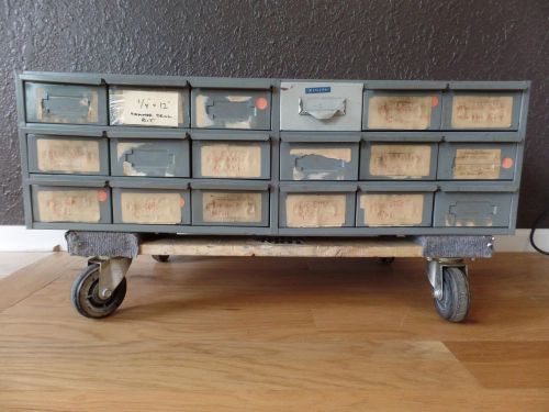 Hallowell 12 drawer metal cabinet hardware part organizer wheel mounted 34&#034;l vtg for sale