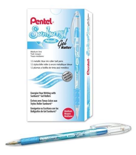 Pentel Sunburst Metallic Gel Pen, 0.8mm Tip Writes 0.4mm Line, Blue/Transparent