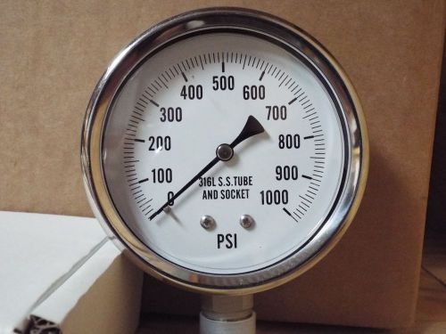 0-1000PSI 4&#034; All Stainless Lower Mount Dry But Fillable Pressure Gauge