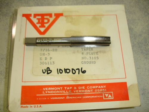 7/16&#034;-20 Vermont Tap and Die Taper Tap High Speed Steel  USA 4 Flute