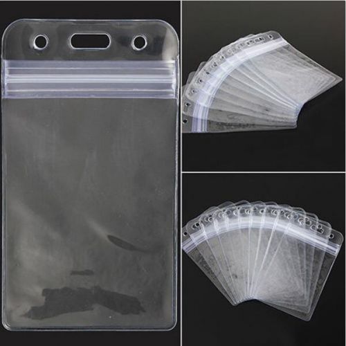 10Pcs Transparent Clear With Zipper Badge Holder Vertical Vinyl ID Card Plastic