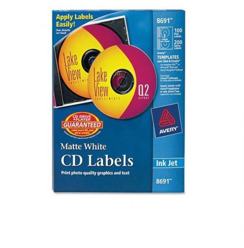 Avery 8691 Inkjet Matte White CD/DVD Labels, 100 Labels/Pack