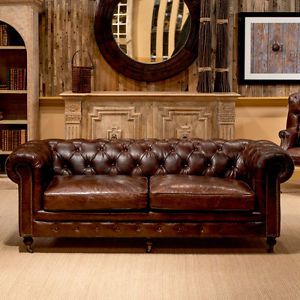 89&#039;&#039; Castered Chesterfield Top Grain Vintage Cigar Leather Sofa