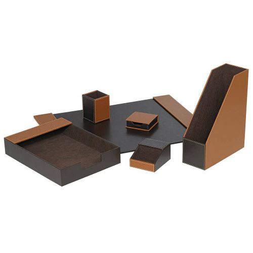 Handsome Desk Set Brown Saddle Faux Leather Executive Style Office Decor 6 Piece
