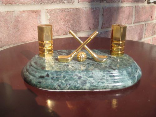 VINTAGE GREEN MARBLE WITH BRASS GOLF CLUBS &amp; BALL BUSINESS CARD HOLDER