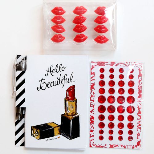 &#039;HELLO BEAUTIFUL&#039; Glitter Red LIPSTICK Notepad + Lip Pushpins + Rhinestones Tack