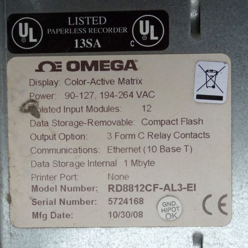 Omega paperless recorder, Model RD8812CF-AL3-EI